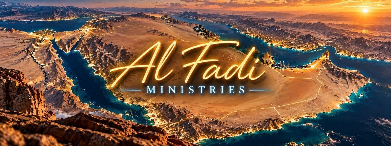 Al Fadi Ministries — a glowing map of the Arabian Peninsula at sunset, its coastlines lit by city lights